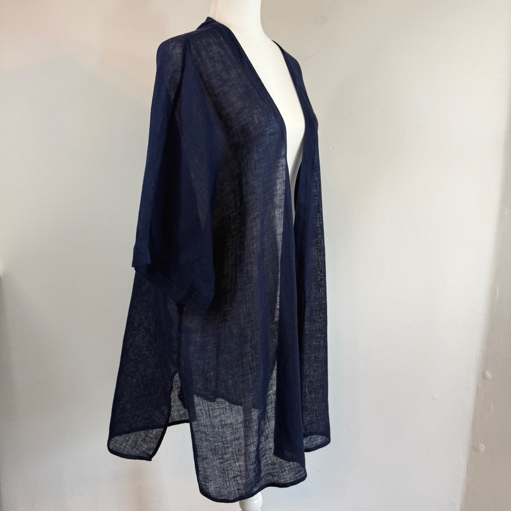 Soft Surroundings Linen Kimono Cardigan Large Navy Sheer Coastal Lagenlook Boho - Picture 2 of 13